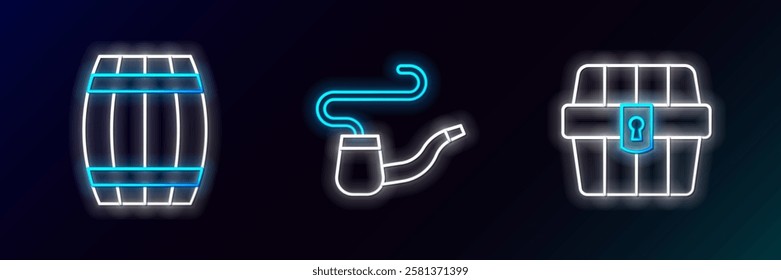 Set line Antique treasure chest, Wooden barrel and Smoking pipe icon. Glowing neon. Vector