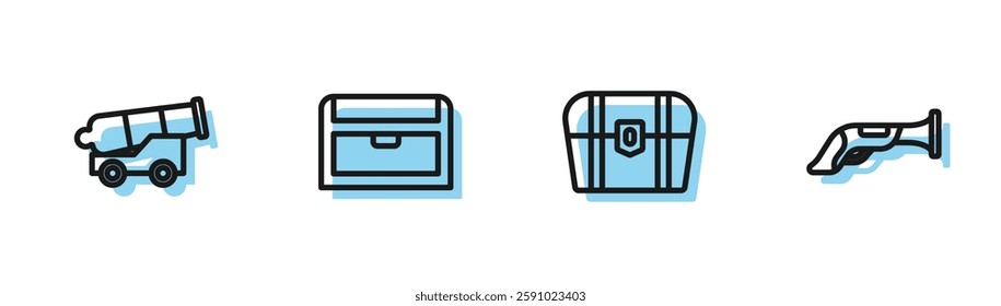 Set line Antique treasure chest, Cannon,  and Vintage pistol icon. Vector