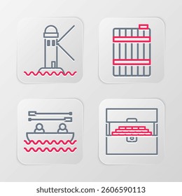 Set line Antique treasure chest, Boat with oars, Wooden barrel and Lighthouse icon. Vector