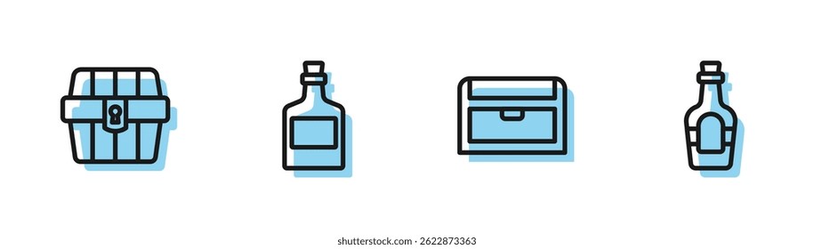 Set line Antique treasure chest, , Alcohol drink Rum and  icon. Vector