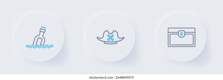 Set line Antique treasure chest, Pirate hat and Bottle with message in water icon. Vector