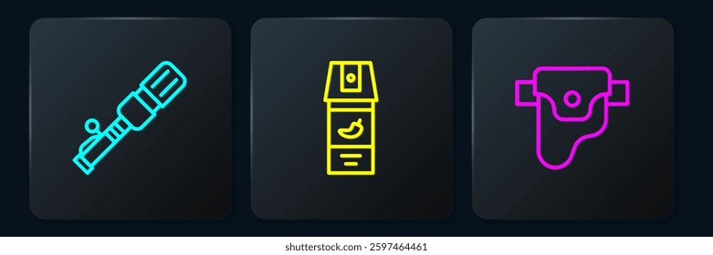 Set line Anti-tank hand grenade, Gun in holster and Pepper spray. Black square button. Vector