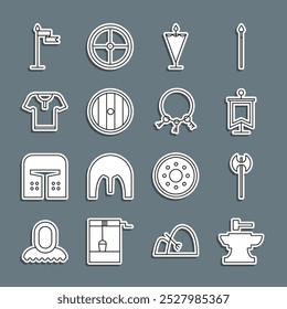 Fije el yunque de la línea para el martillo de la herrería, el hacha medieval, la bandera, el escudo de madera redondo, la armadura del cuerpo, y el icono viejo de las llaves. Vector