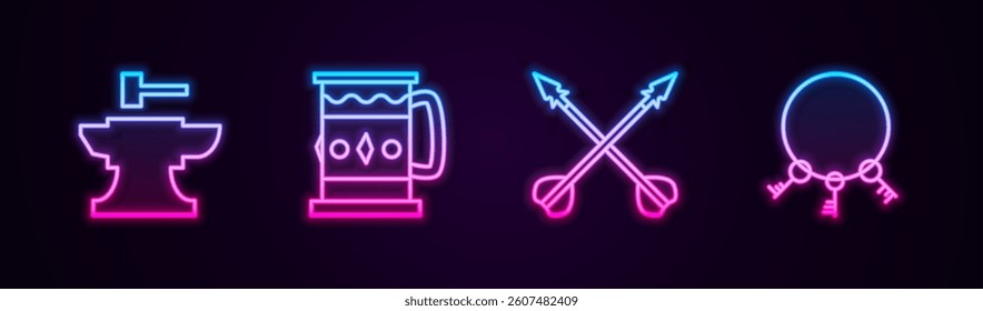 Set line Anvil for blacksmithing hammer, Wooden mug, Medieval crossed arrows and Old keys. Glowing neon icon. Vector