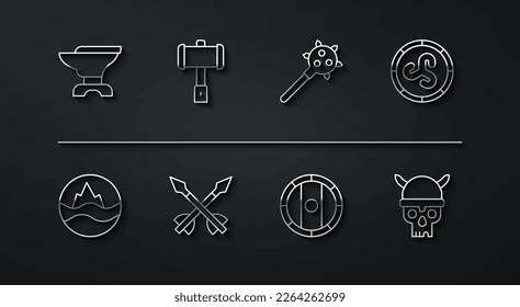 Set line Anvil for blacksmithing, Sea and waves, Shield viking, Medieval arrows, Battle hammer, Skull with helmet and Mace spikes icon. Vector