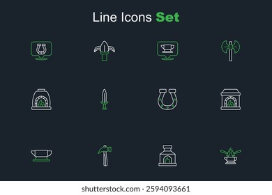 Set line Anvil and hammer, Blacksmith oven, Hammer, anvil tool, Horseshoe, Medieval sword and  icon. Vector