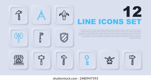 Set line Anvil and hammer, Hammer, Fire poker, Old key, Medieval poleaxe, Sledgehammer, Air blower bellows and  icon. Vector