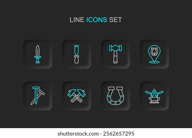 Set line Anvil and hammer, Horseshoe, Crossed, Metallic nails, Hammer, Rasp metal file and Medieval sword icon. Vector