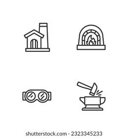 Set line Anvil and hammer, Welding glasses, Smithy workshop interior and Blacksmith oven icon. Vector