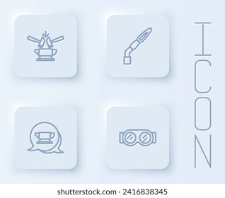 Set line Anvil and hammer, Welding torch, Blacksmith anvil tool and glasses. White square button. Vector