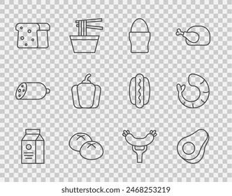 Set line aper package for milk, Avocado fruit, Chicken egg on stand, Bread loaf, toast, Bell pepper, Sausage the fork and Shrimp icon. Vector