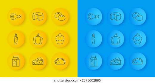 Set line aper package for milk, Carrot, Bell pepper, Taco with tortilla, Muffin, Chicken leg, Bread loaf and Cheese icon. Vector