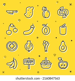 Set line Apple, Avocado, Bell pepper, Plum fruit, Eggplant, Cherry, Knife and  icon. Vector