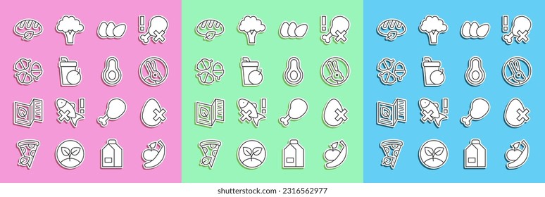 Set line Apple and banana, No egg, Rabbit, Chicken, Fresh smoothie, Acorn, Vegan bread loaf and Avocado fruit icon. Vector