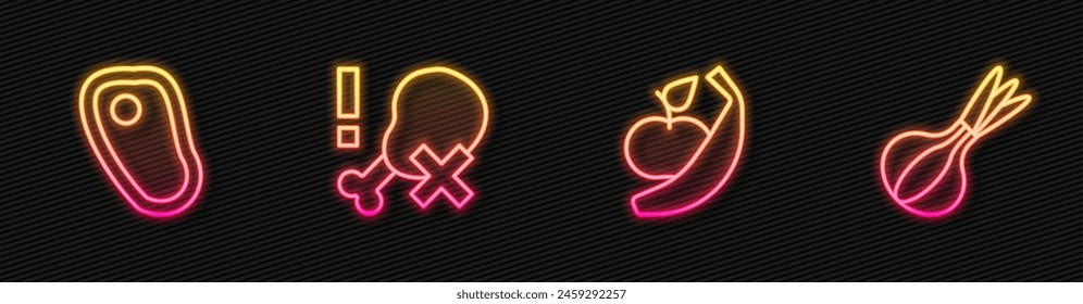 Set line Apple and banana, Steak meat, No chicken leg and Onion. Glowing neon icon. Vector