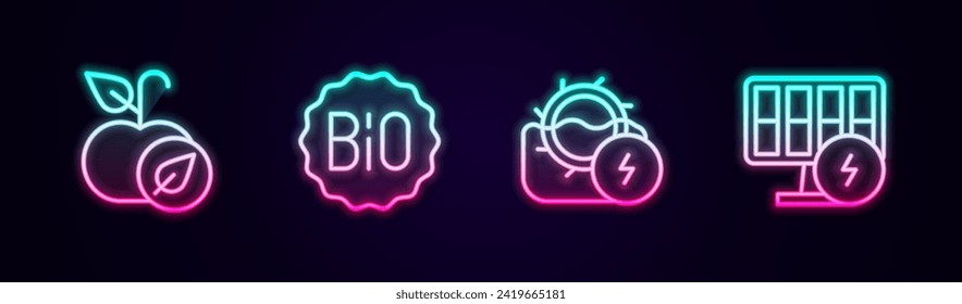 Set line Apple, Banner for bio, Water mill and Solar energy panel. Glowing neon icon. Vector