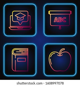 Set line Apple, Book, Graduation cap on screen laptop and Chalkboard. Gradient color icons. Vector