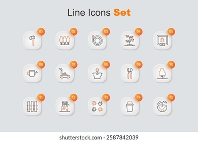 Set line Apple, Bucket, Colorado beetle, Well, Garden fence wooden, Fruit tree, Gardening scissors and Scarecrow icon. Vector