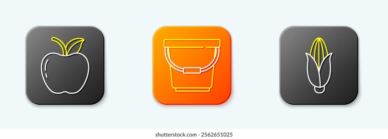 Set line Apple, Bucket and Corn icon. Vector