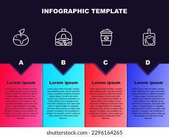 Set line Apple in caramel, Brick stove, Coffee cup go and Cutting board. Business infographic template. Vector