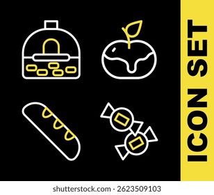 Set line Apple in caramel, Candy, French baguette bread and Brick stove icon. Vector