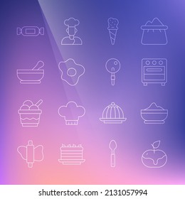 Set line Apple in caramel, Flour bowl, Oven, Ice cream waffle cone, Scrambled eggs, Mortar and pestle, Candy and Lollipop icon. Vector