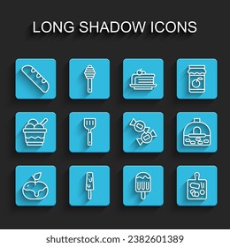 Set line Apple in caramel, Ice cream, French baguette bread, Cutting board, Spatula, Brick stove and Candy icon. Vector
