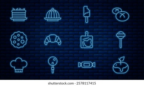 Set line Apple in caramel, Lollipop, Ice cream, Croissant, Cookie or biscuit, Cake, Cutting board and Pudding custard icon. Vector