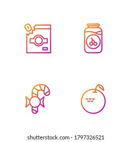Fijar la línea Apple, caña de caramelo de Navidad, empaquetado de caramelos para dulces y frasco de mermelada de cerezo. Iconos de color de degradado. Vector