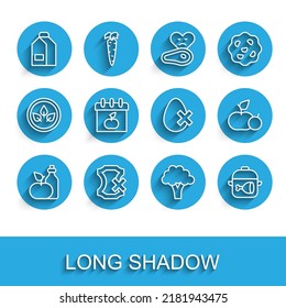 Set line Apple cider vinegar in bottle, No leather, Paper package for milk, Broccoli, Cooking pot and chicken leg, World Vegetarian day,  and egg icon. Vector