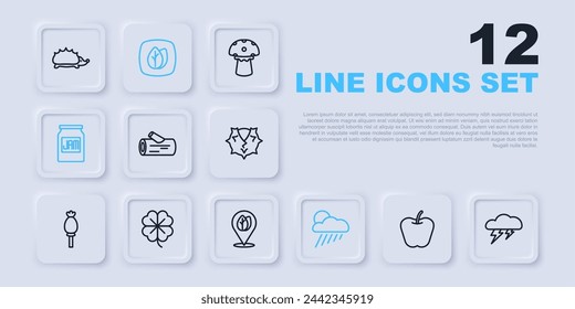 Set line Apple, Cloud and lightning, Wooden log, with rain sun, Jam jar, Four leaf clover, Leaf and Location icon. Vector