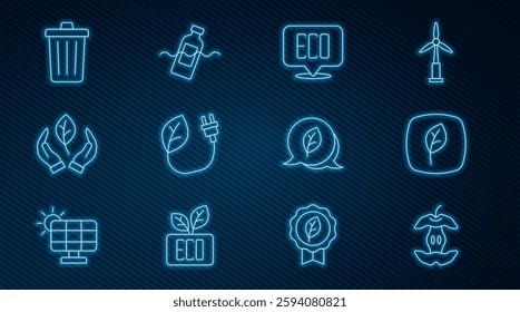 Set line Apple core, Leaf Eco symbol, Electric saving plug in leaf, hand, Trash can,  and The problem of pollution icon. Vector