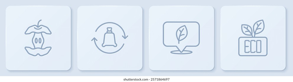 Set line Apple core, Location with leaf, Garbage bag recycle and Leaf Eco symbol. White square button. Vector