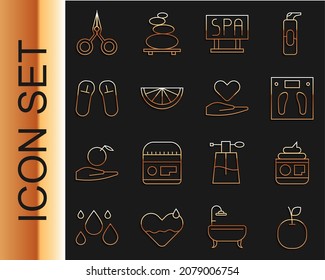Set line Apple, Cream or lotion cosmetic tube, Bathroom scales, Spa salon signboard, Citrus fruit, Slipper, Scissors and Heart hand icon. Vector