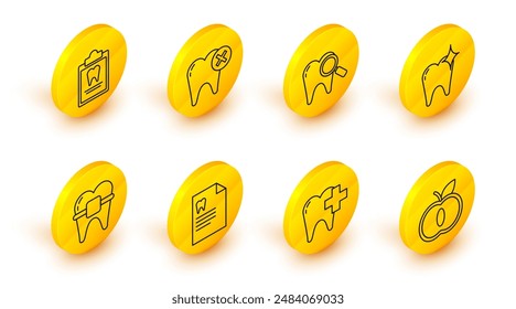 Set line Apple, Dental clinic for dental care tooth, Clipboard with card, Teeth braces, Tooth whitening concept, search, caries and  icon. Vector