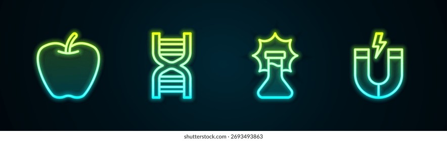Set-Linie Apfel, DNA-Symbol, Explosion in der Flasche und Magnet. Leuchtendes Neonsymbol. Vektorgrafik
