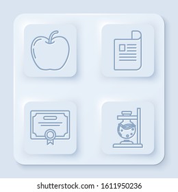 Set line Apple, Document, Certificate template and Glass test tube flask on fire. White square button. Vector