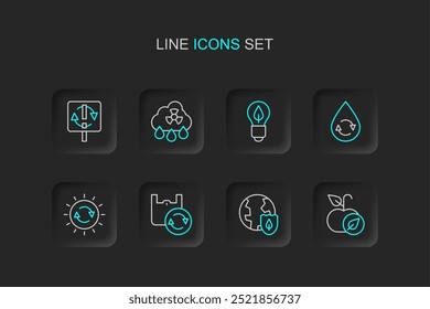 Definir linha Apple, Terra com escudo, Saco de compras reciclar, Painel de energia solar, Reciclar água limpa, Folha de lâmpada, Nuvem radioativa de chuva ácida e ícone de símbolo. Vetor