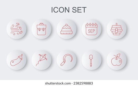 Set line Apple, Eggplant, Winter hat, Shovel, Windy weather, School backpack, Kite and Sickle icon. Vector