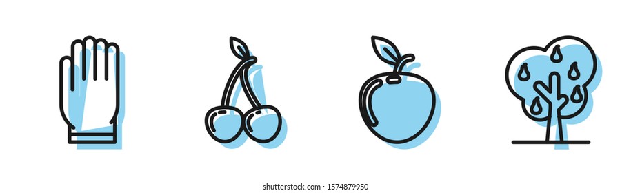 Set line Apple, Garden gloves, Cherry and Tree with pears icon. Vector