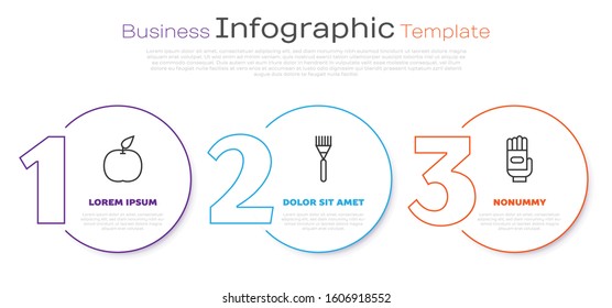 Set line Apple, Garden rake and Garden gloves. Business infographic template. Vector
