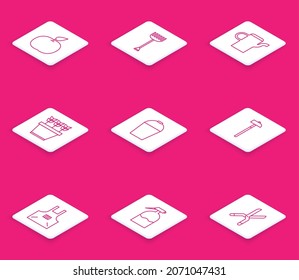 Set line Apple, Garden rake, Watering can, Plants pot, Bucket, Hammer, Kitchen apron and sprayer icon. Vector