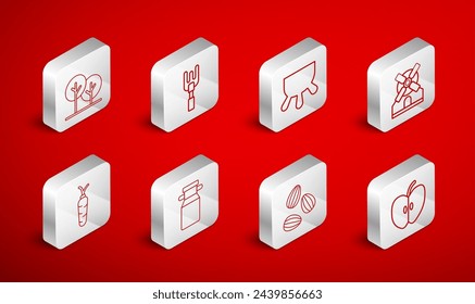 Set line Apple, Garden rake, Udder, Windmill, Seeds, Tree, Can container for milk and Carrot icon. Vector