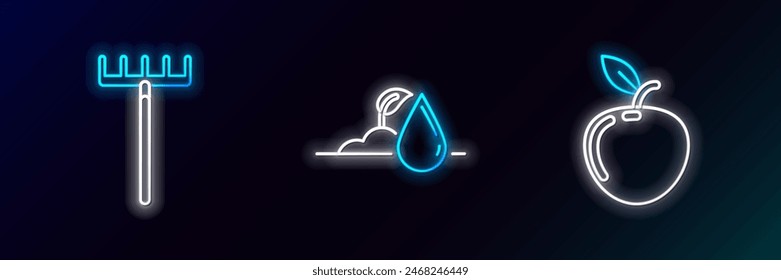 Set line Apple, Garden rake and Watering sprout icon. Glowing neon. Vector