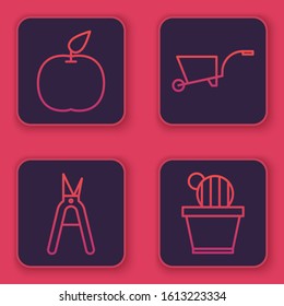 Set line Apple, Gardening handmade scissors, Wheelbarrow and Cactus and succulent in pot. Blue square button. Vector