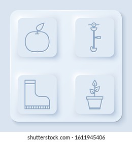 Set line Apple, Grass and weed electric string trimmer, Waterproof rubber boot and Plant in pot. White square button. Vector