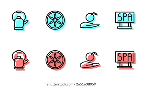 Set line Apple in hand, Kettle with handle, Leaf plant nature and Spa salon signboard icon. Vector