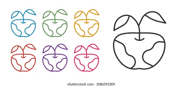 Ajuste el icono de línea de Apple aislado en el fondo blanco. Exceso de peso. Menú de dieta saludable. Gimnasio dieta manzana. Indique los iconos en colores. Vector