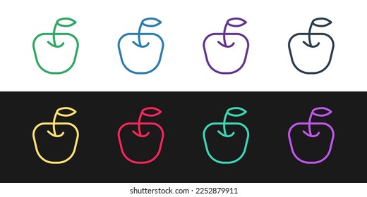 Set line Apple icon isolated on black and white background. Fruit with leaf symbol.  Vector