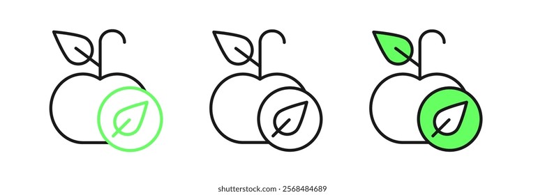 Set line Apple icon isolated on white background. Excess weight. Healthy diet menu. Fitness diet apple.  Vector